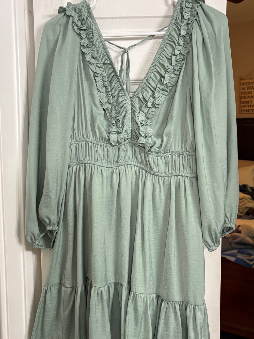 Blu Pepper Sage Green Ruffle V-Neck Midi Dress